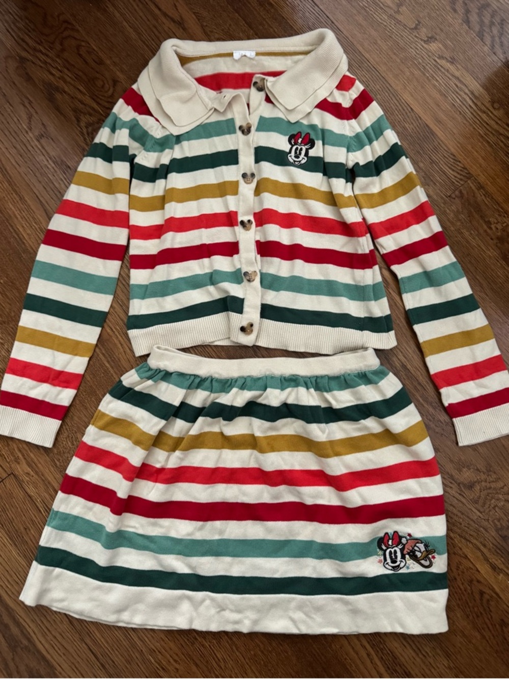 Disney Minnie Mouse and Daisy Duck Embroidered Stripe Sweater Cardigan and Skirt